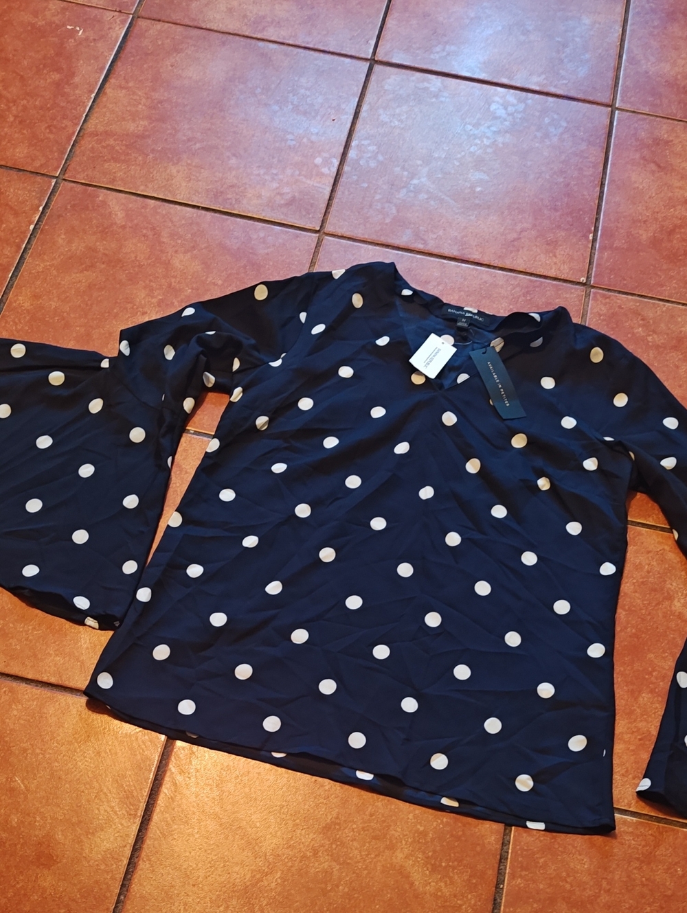 Banana Republic Navy Long Sleeve Top with White Polka Dots